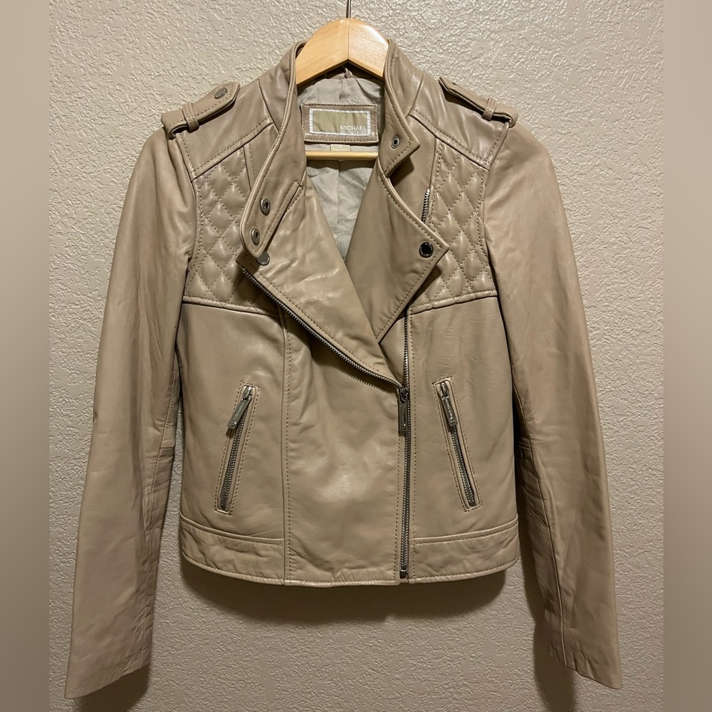NWOT Michael Kors Beige 100% Leather Quilted Moto Jacket